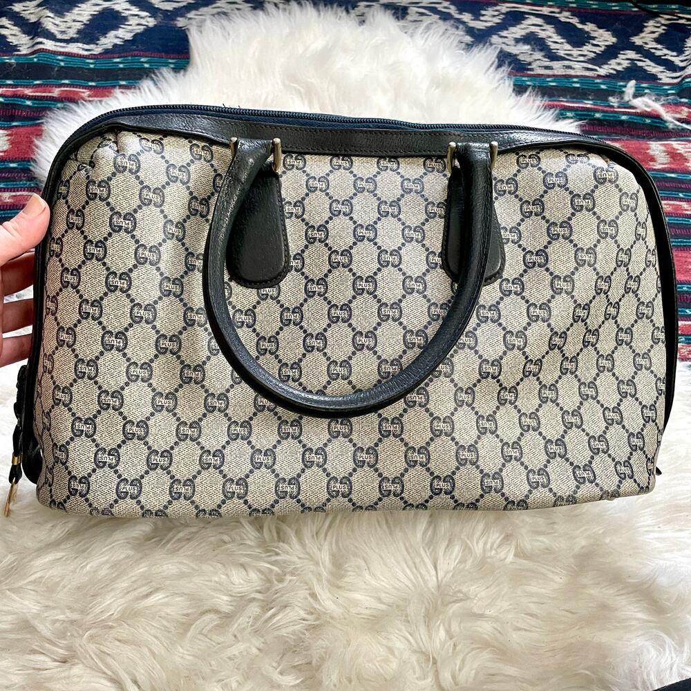 Gucci Plus Navy Satchel Handbag Bag Vintage Purse Doctors Boston Bag GG Monogram - Picture 7 of 16